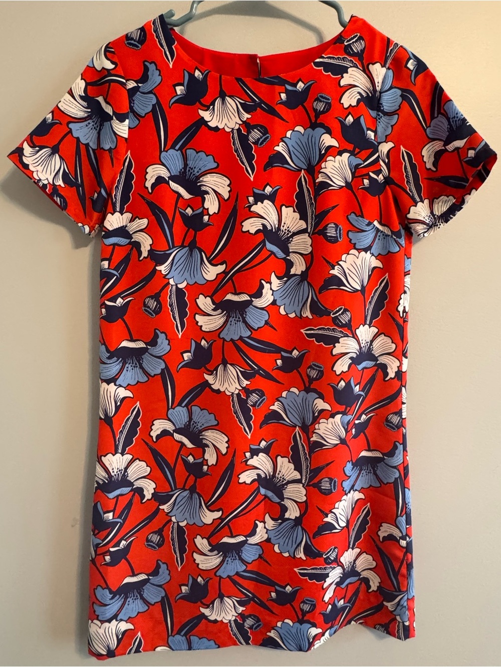 J. Crew Red Dress‎ with Blue & White Floral Accents women's size 00